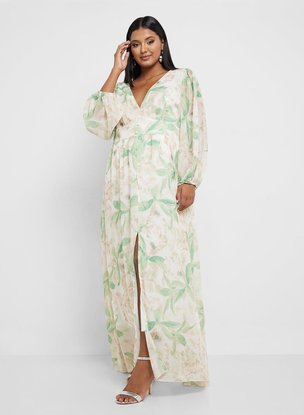 Floral Chiffon Maxi Dress with Puff Sleeves - Image 1