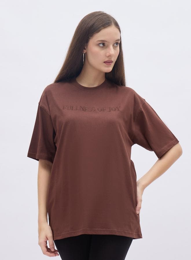 Brown Embroidered Slogan Oversized T-Shirt - Image 1