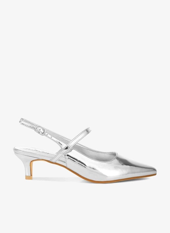 Silver Kitten Heel Slingback Sandals for Women - Image 1