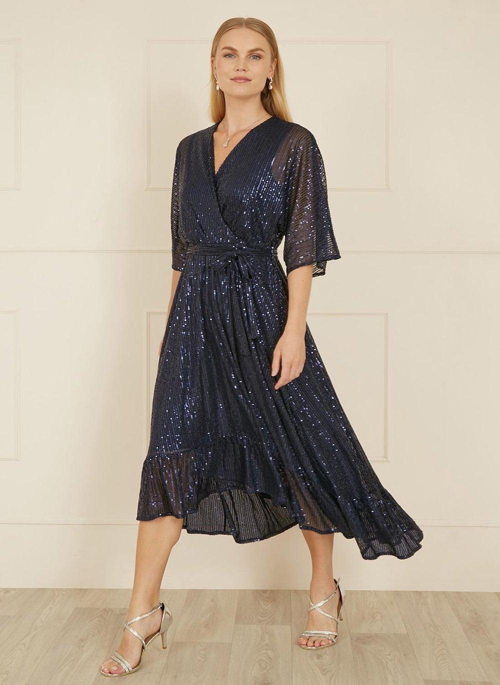 Navy Sequin Wrap Midi Dress with Waist Tie - Image 1