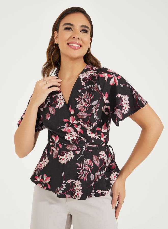 Floral Print Wrap Top With Tie-Up Detail - Image 1