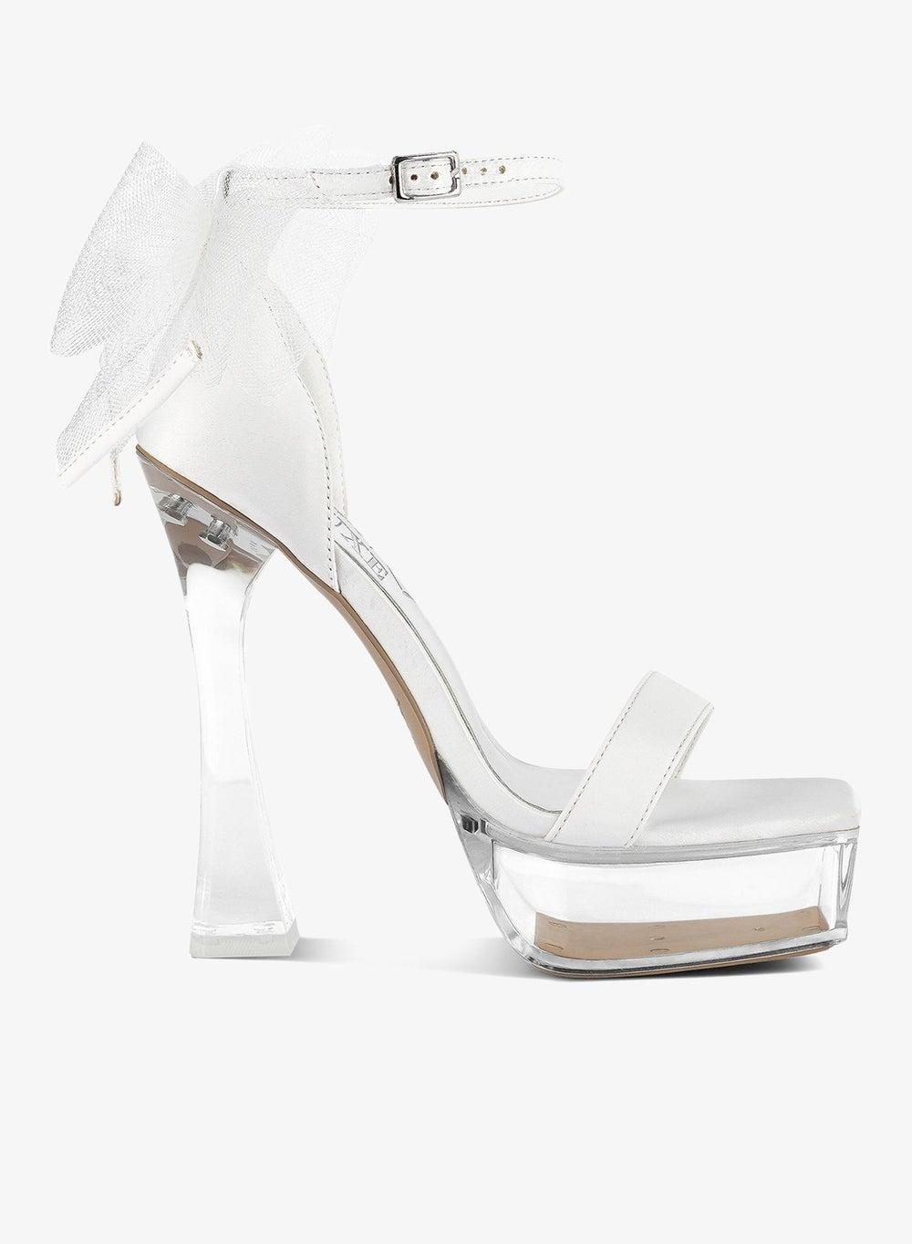 Kiri Satin Clear High Heeled Bow Sandals in White - Image 1