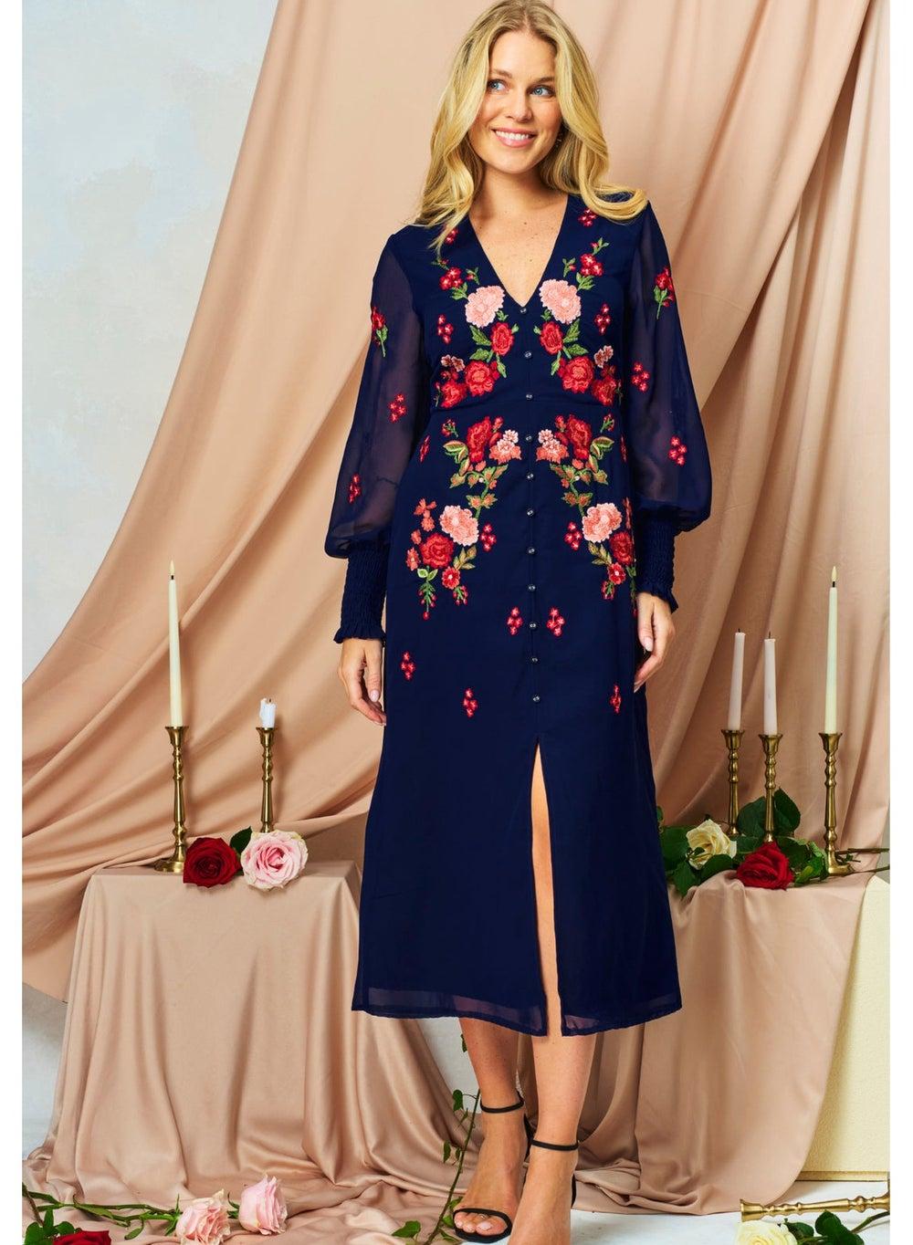Jodie Embroidered Long Sleeve V-Neck Midi Dress - Image 1