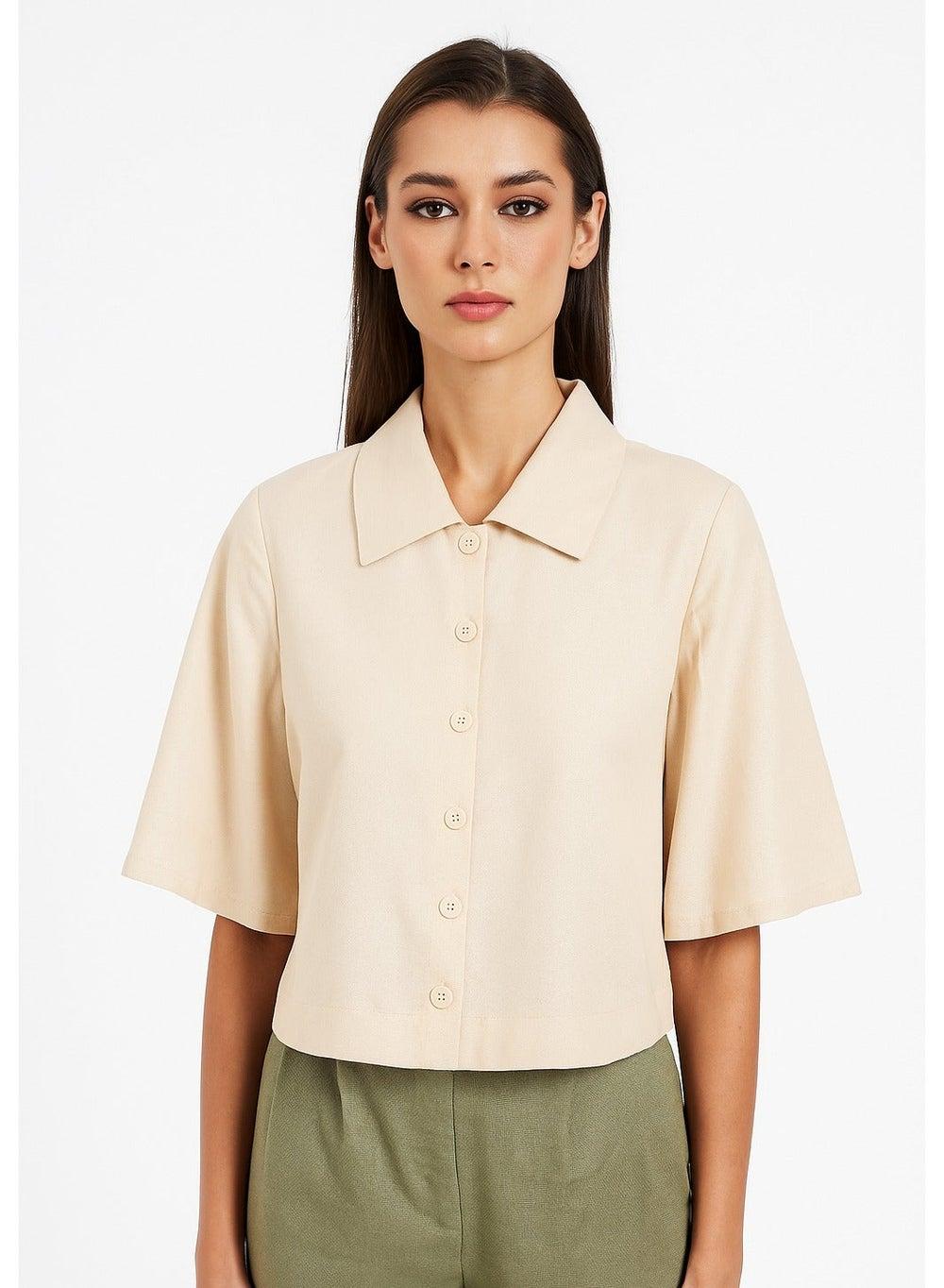 Flutter Sleeve Linen Button-Down Shirt - Image 1