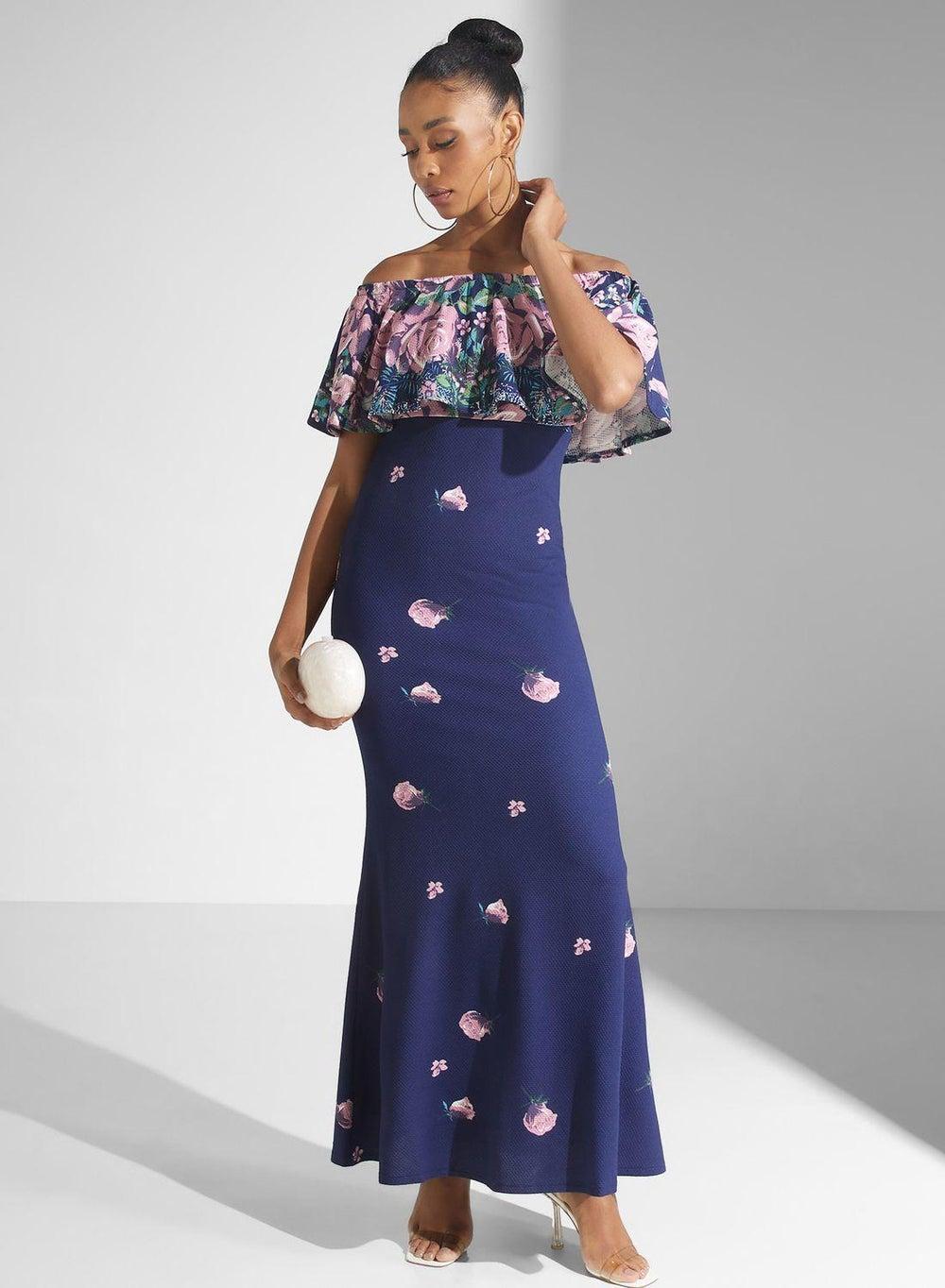 Navy Floral Off-Shoulder Maxi Dress - Image 1