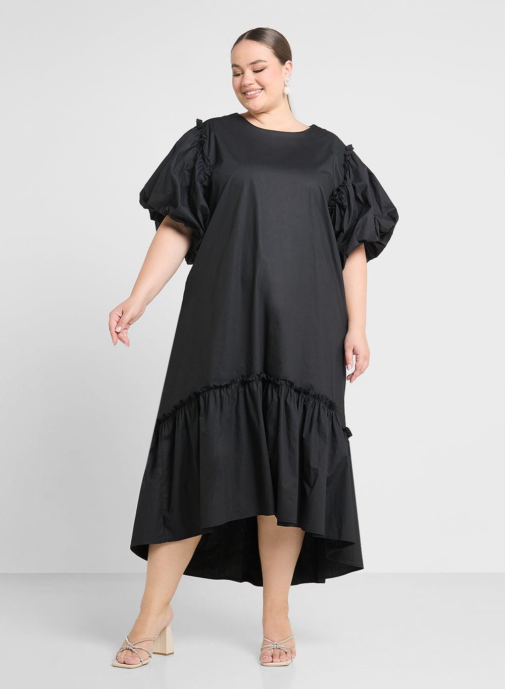 Black Ruffled Hem Midi Dress with Puff Sleeves - Image 1