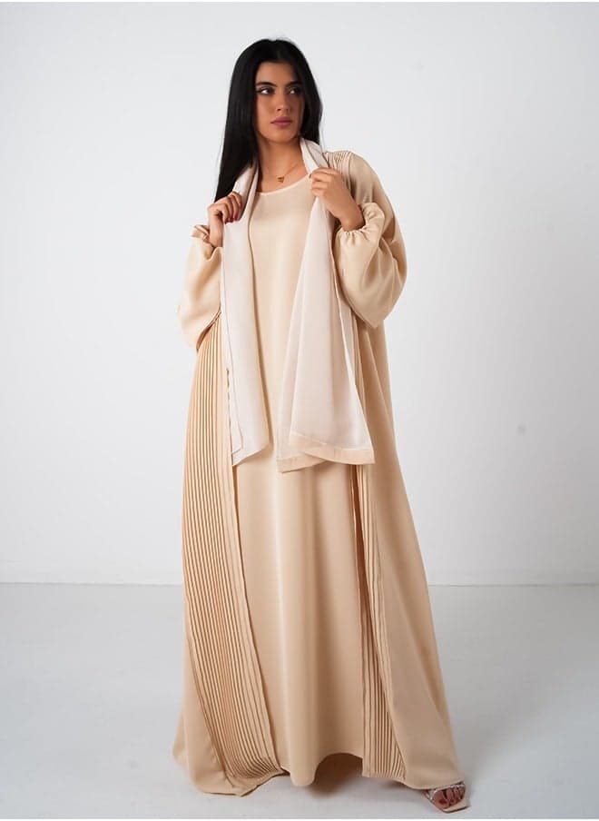 Cream Pleated Front Open Abaya 3-Piece Set - Image 1