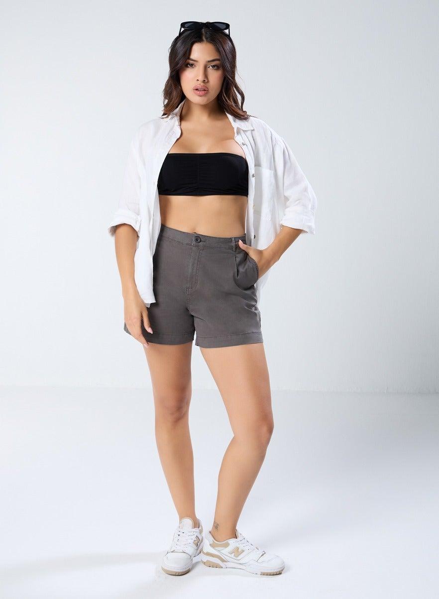 Grey Pleated Shorts for Women - Image 1