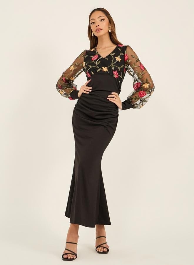 Styli Embroidered Balloon Sleeve Mermaid Hem Maxi Dress - Image 1