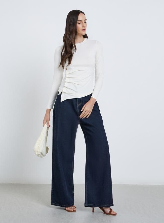 Styli Off-White Asymmetric Hem Button Detail Top - Image 1
