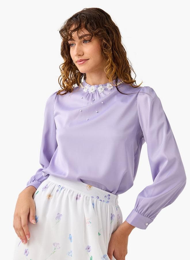 2Xtremz Pearl Embellished High Neck Long Sleeve Top - Image 1