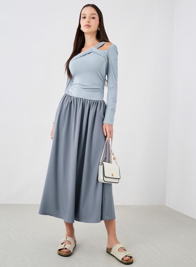Textured Asymmetric Neck Long Sleeve Midi Dress - Image 1