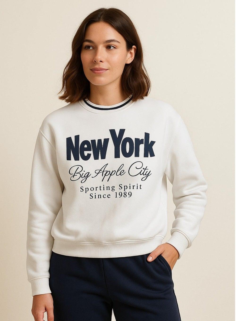 New York Big Apple Contrast Rib Cotton Fleece Sweatshirt - Image 1