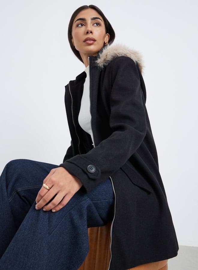 Styli Black Longline Wool-Like Coat with Faux Fur Trim - Image 1