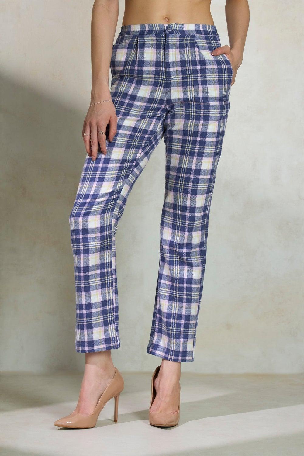 Virgio Women Cotton Full Length Check Trousers - Image 1