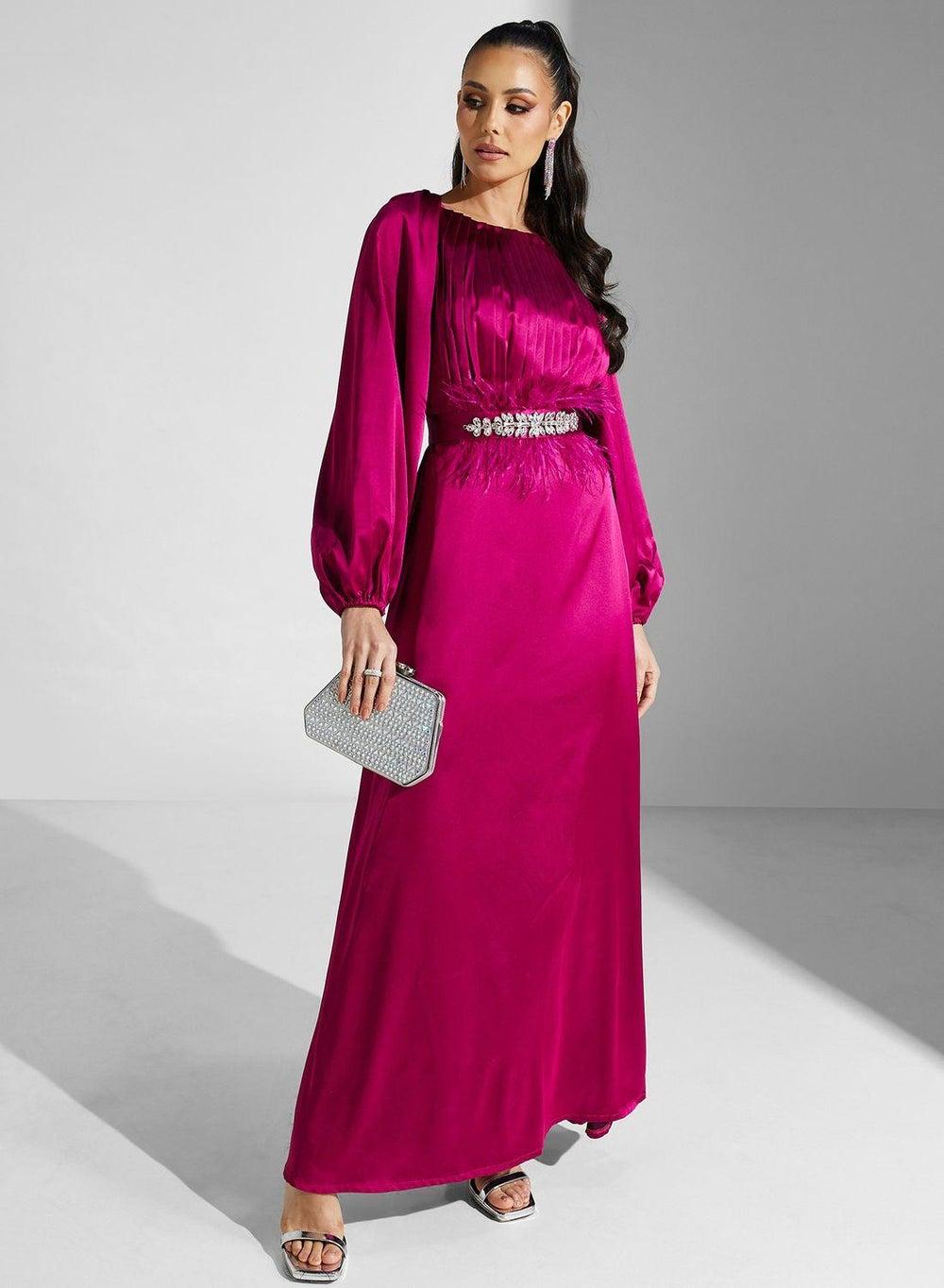 Embellished Belt Puff Sleeve Dress - Image 1