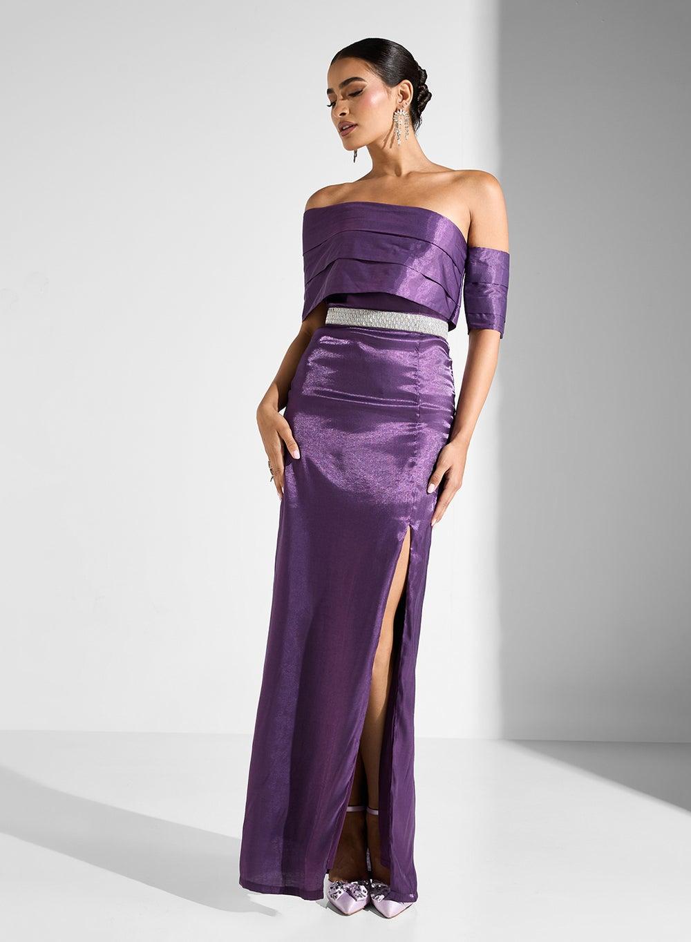Purple Off-Shoulder Slit Maxi Dress - Image 1