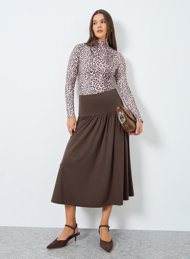 Styli Brown Drop Waist A-Line Midi Skirt - Image 1