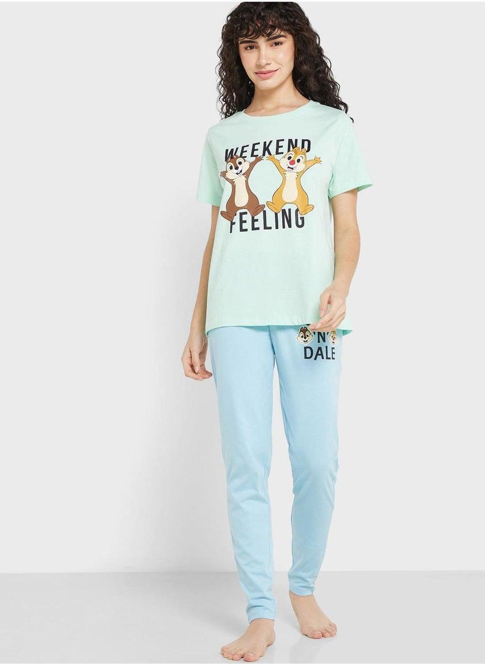Crew Neck Graphic T-Shirt & Pyjama Set - Image 1