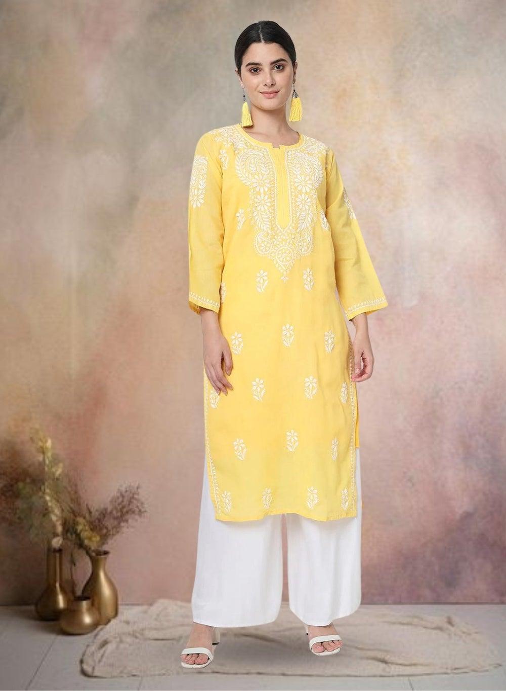 Hand Embroidered Chikankari Cotton Straight Kurta AL3561 - Image 1