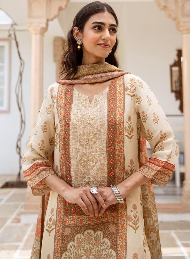 Women's Cream Rayon Embroidered Straight Fit Kurta Palazzo Set - Image 1