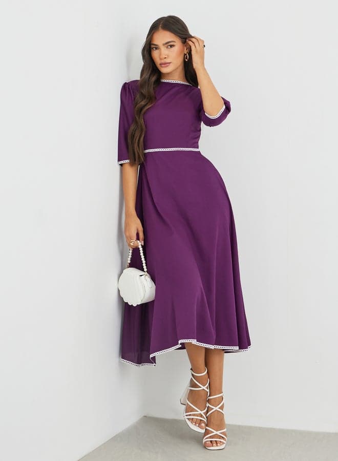 Solid Boat Neck A-Line Dress with Lace Trim - Image 1
