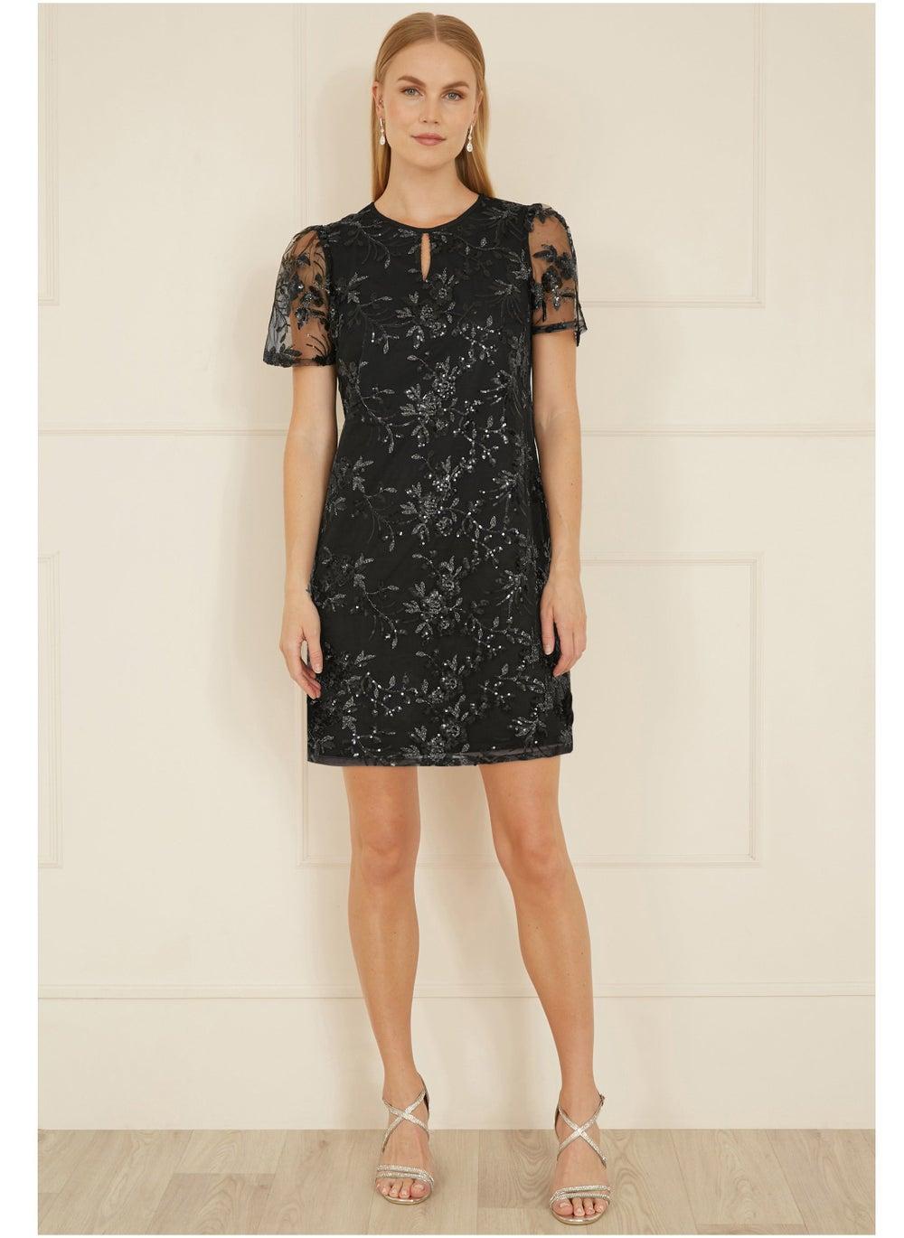 Floral Sequin Black Mini Dress - Image 1