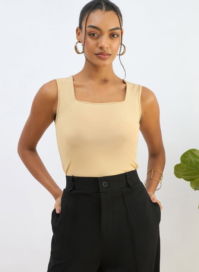 SASSAFRAS Beige Sleeveless Bodysuit for Women - Image 1