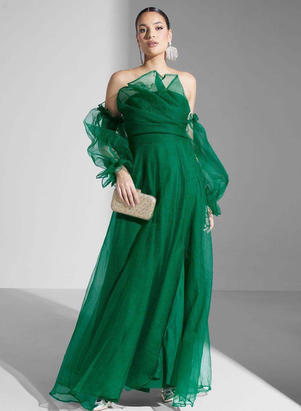 Tulle Off Shoulder Maxi Dress with Sheer Sleeves - Image 1