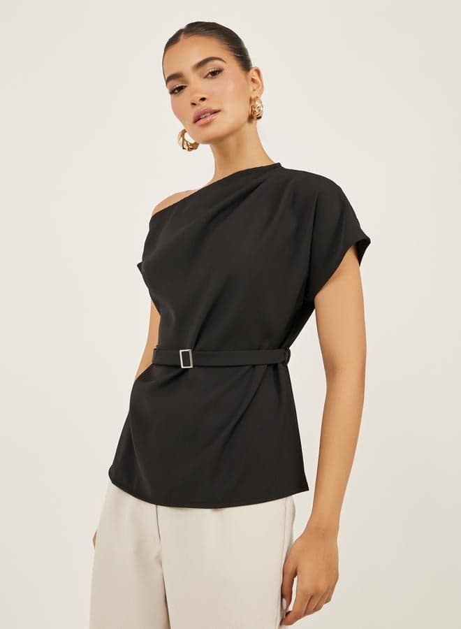 Asymmetric Neck Belted Short Sleeve Blouse - Image 1
