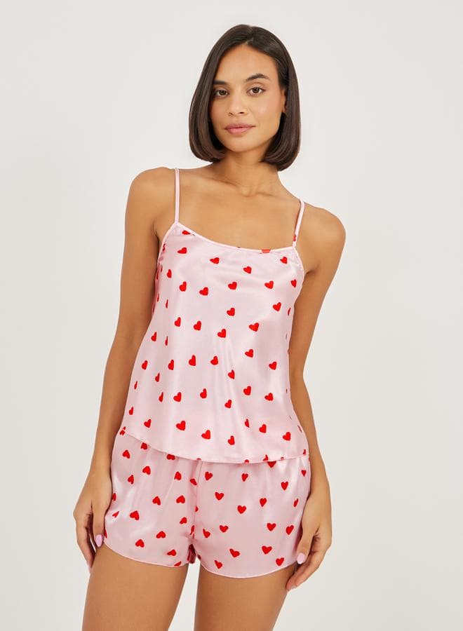 Satin Heart Print Cami and Shorts Sleep Set - Image 1