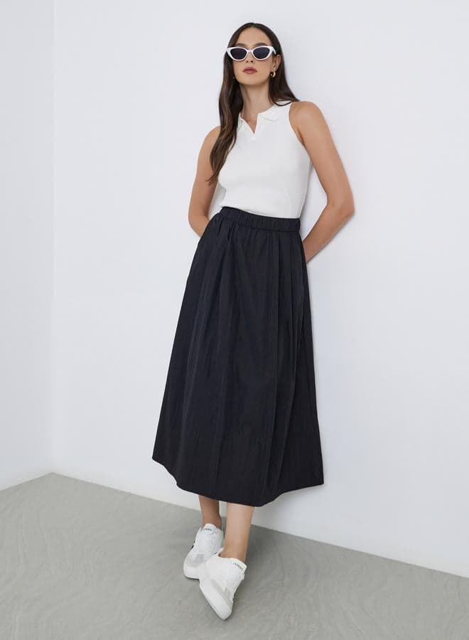 Styli Elastic Waistband A-Line Black Maxi Skirt - Image 1