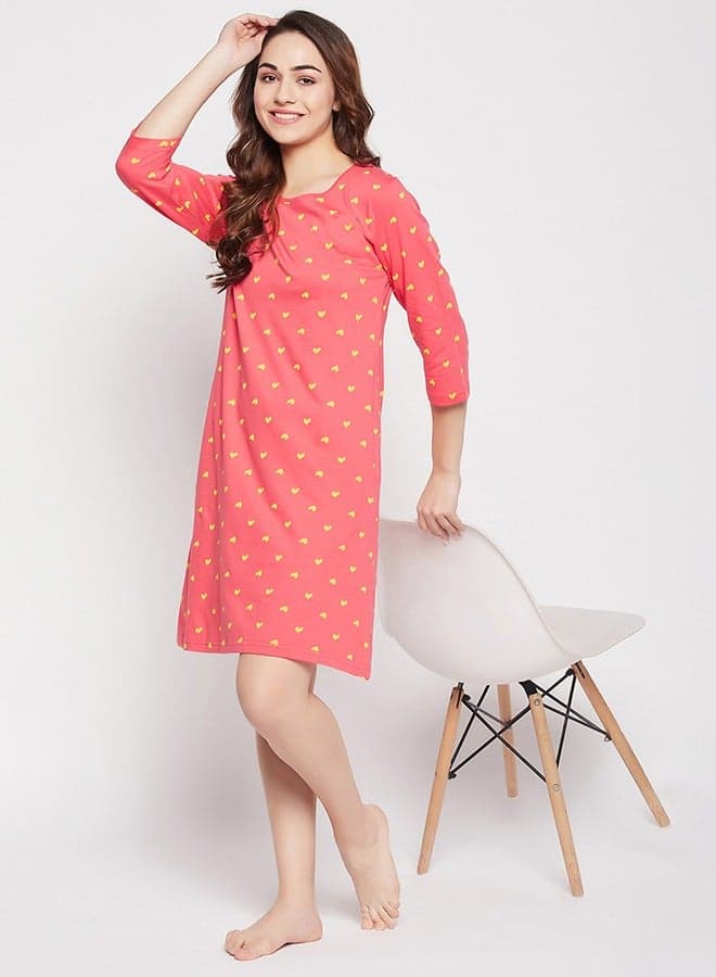 Clovia Peach Heart Print Cotton Long Sleep Tee - Image 1