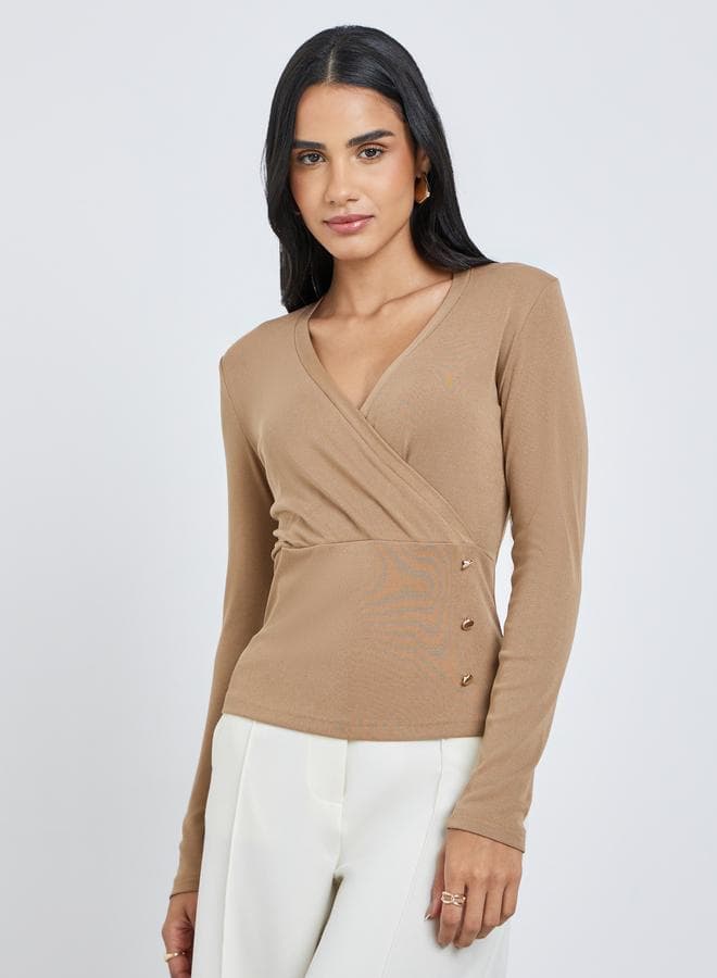 Styli Textured Wrap Buttoned Rib Blouse - Image 1