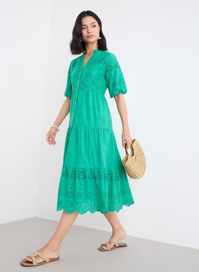 Styli Women Green Schiffli Puff Sleeve Tiered Midi Dress - Image 1