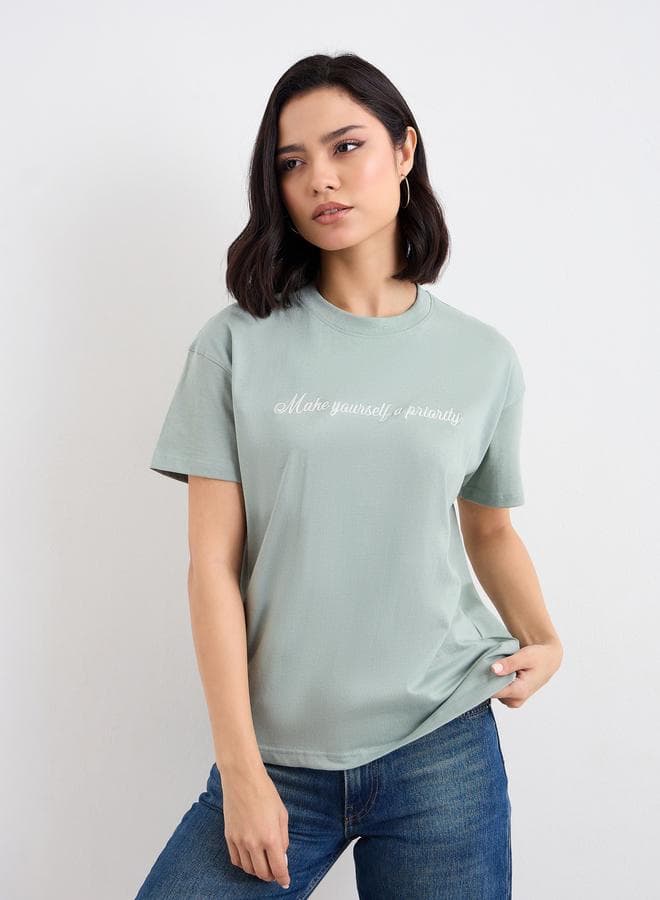 Embroidered Slogan Boxy Fit T-Shirt - Image 1