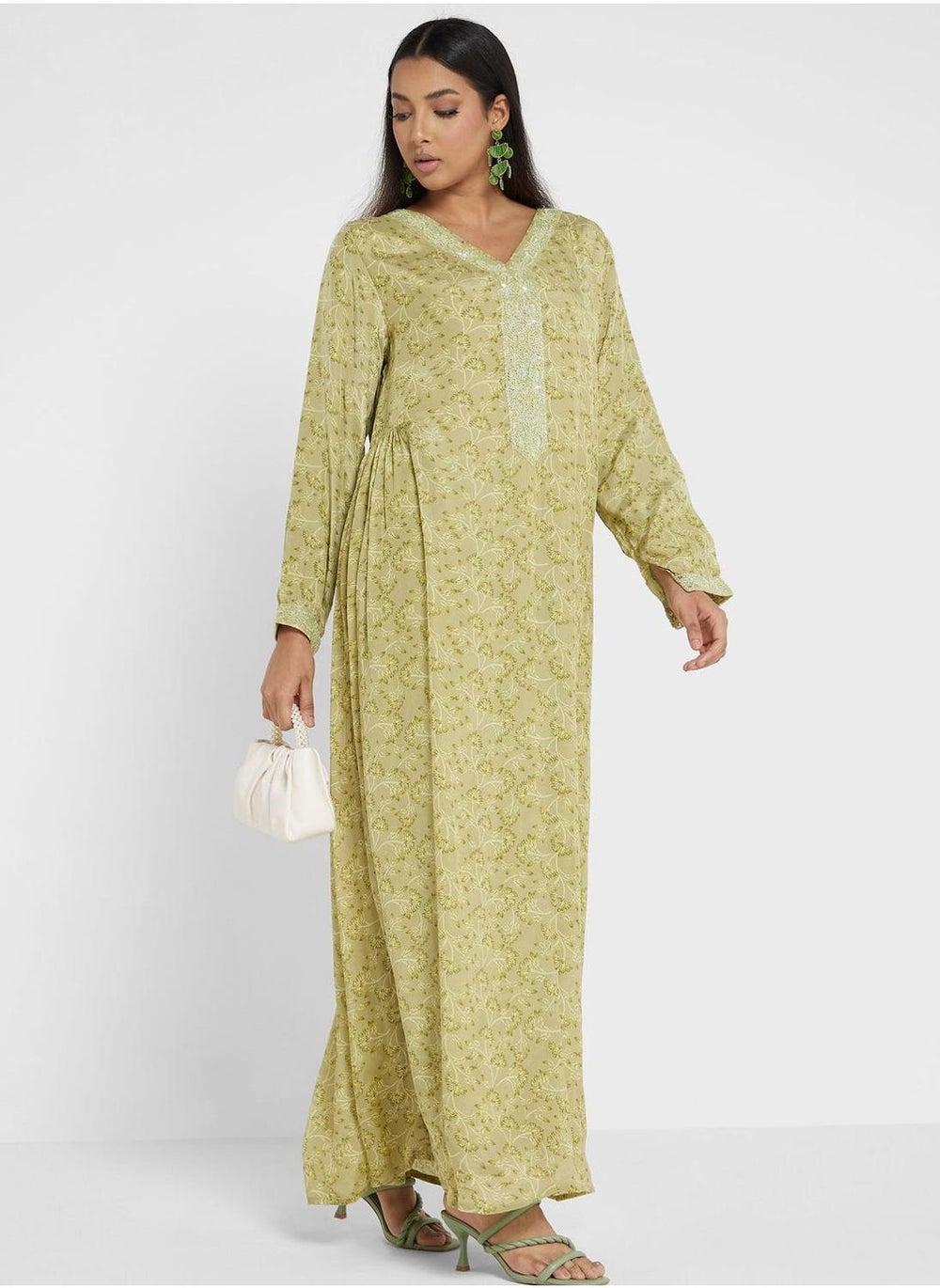 Printed V-Neck Maxi Jalabiya with Embroidered Details - Image 1