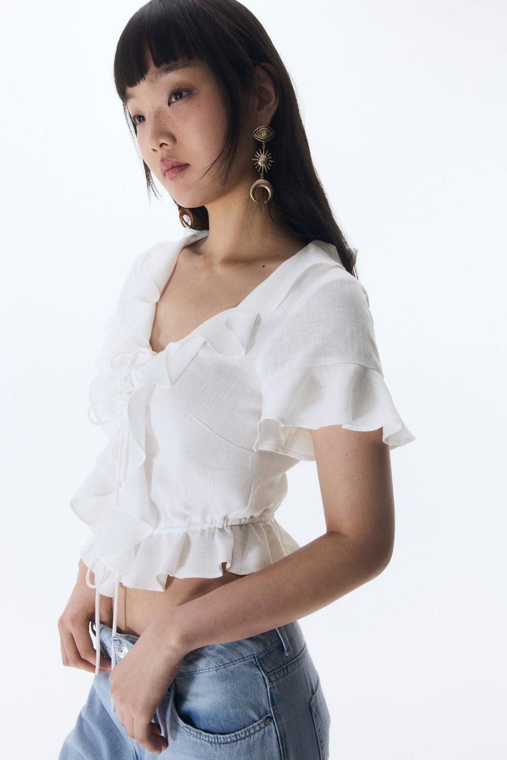 Flounced Linen-Blend Blouse with Tie Front - Image 1