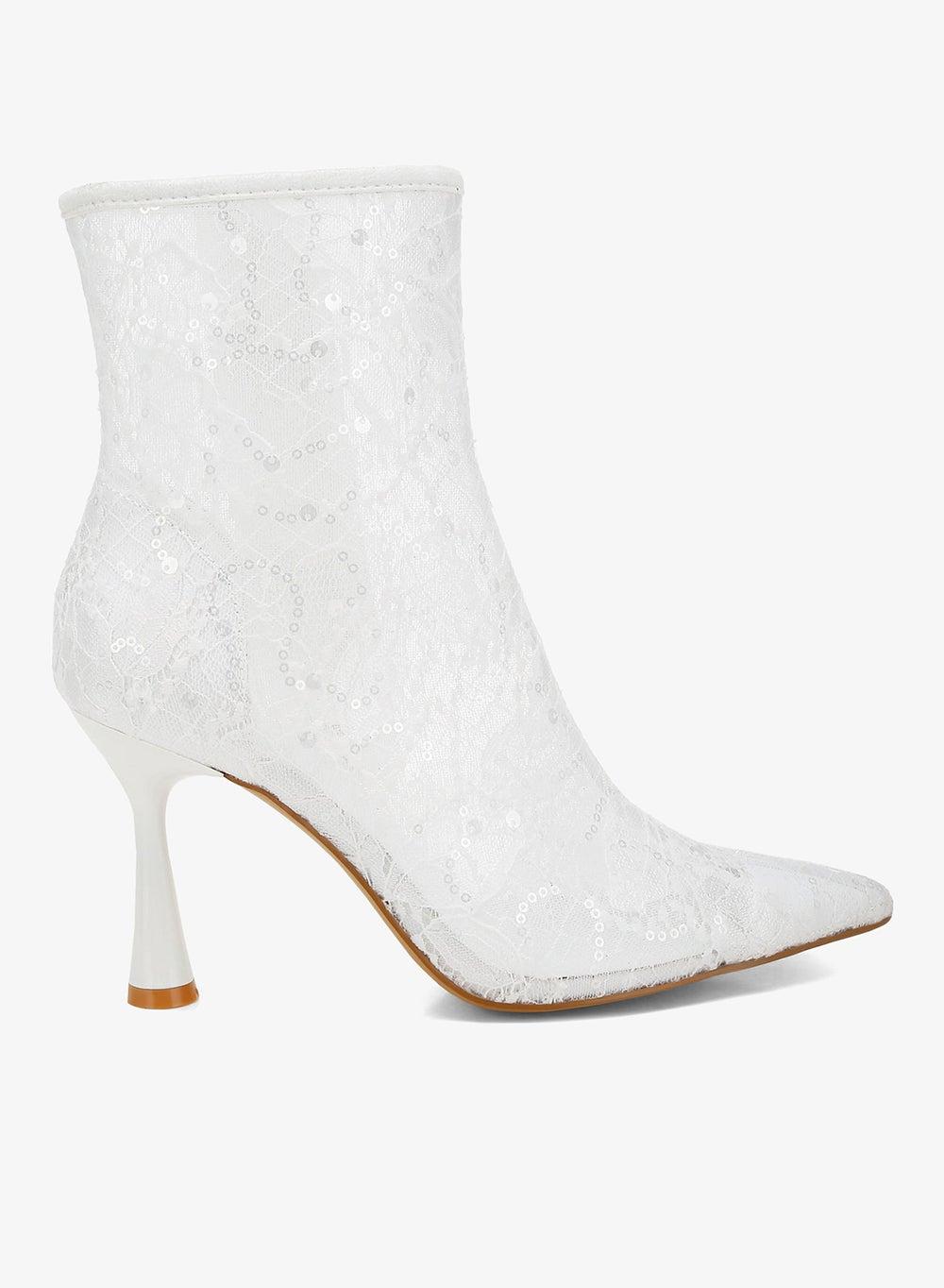 White Sequin Lace Ankle Boots with Spool Heels - Image 1