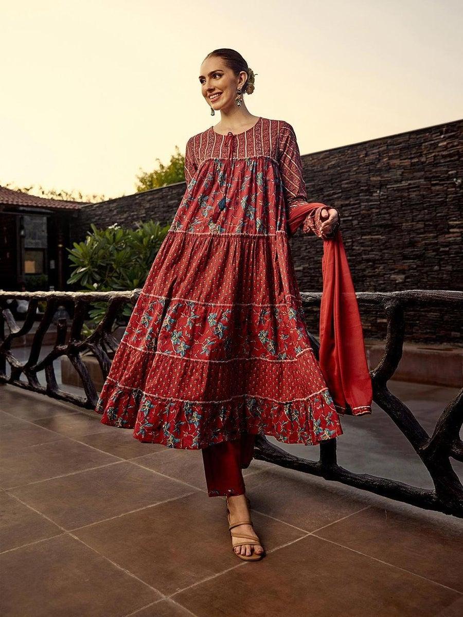 Ishin Floral Print Tiered Kurta Set with Dupatta - Image 1