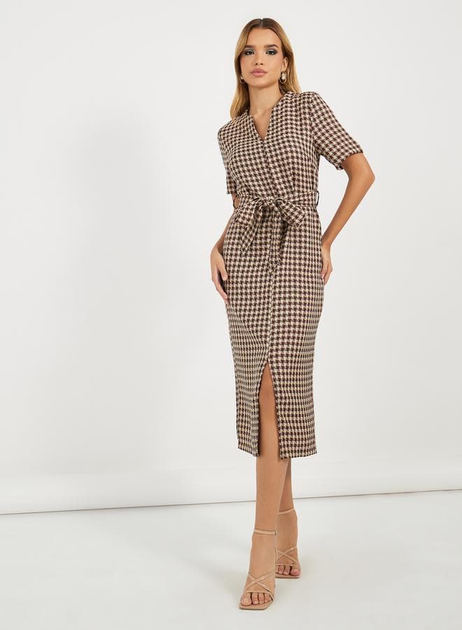 Tweed Checked Sheath Midi Dress with Slit Hem - Image 1