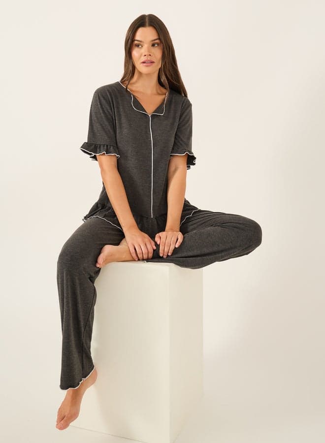 Solid Ruffled Short Sleeve Pyjama Set - Image 1