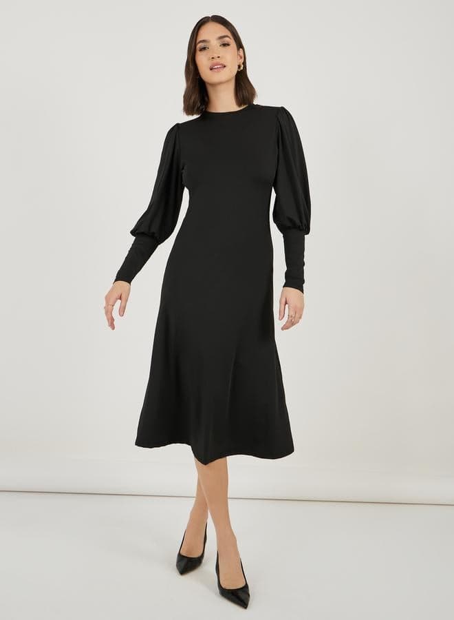 Sleeve Detail Black Midi Dress - Image 1