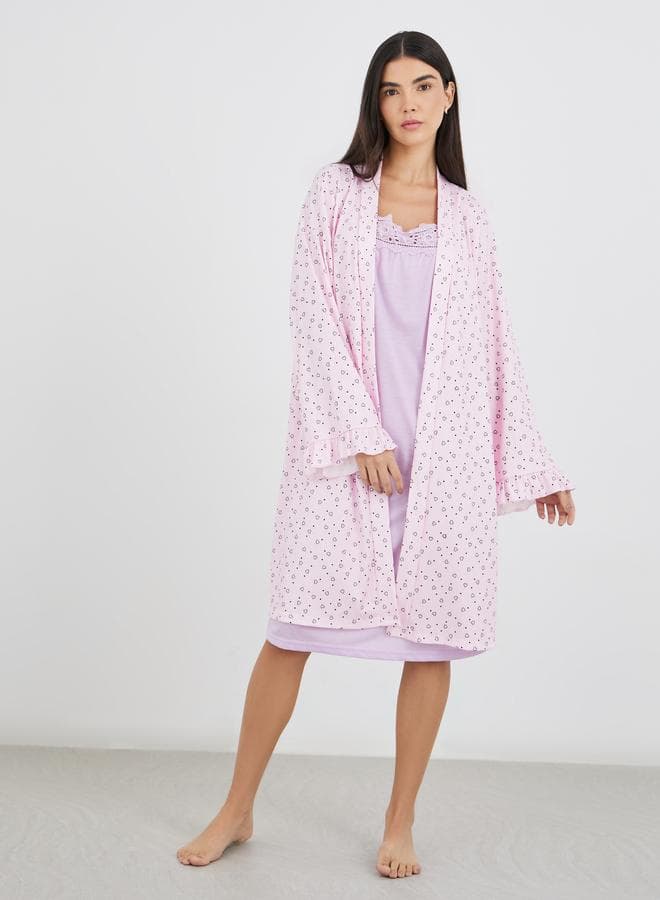 Ribbed Heart Print Ruffle Sleeve Robe - Image 1