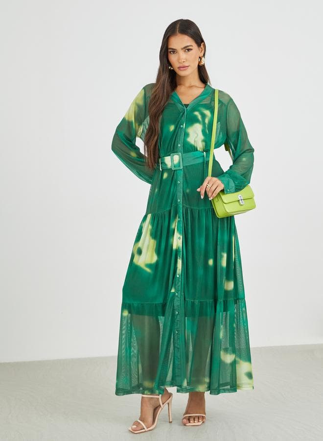 Tie and Dye V Neck Belted Maxi Shirt Dress - Image 1