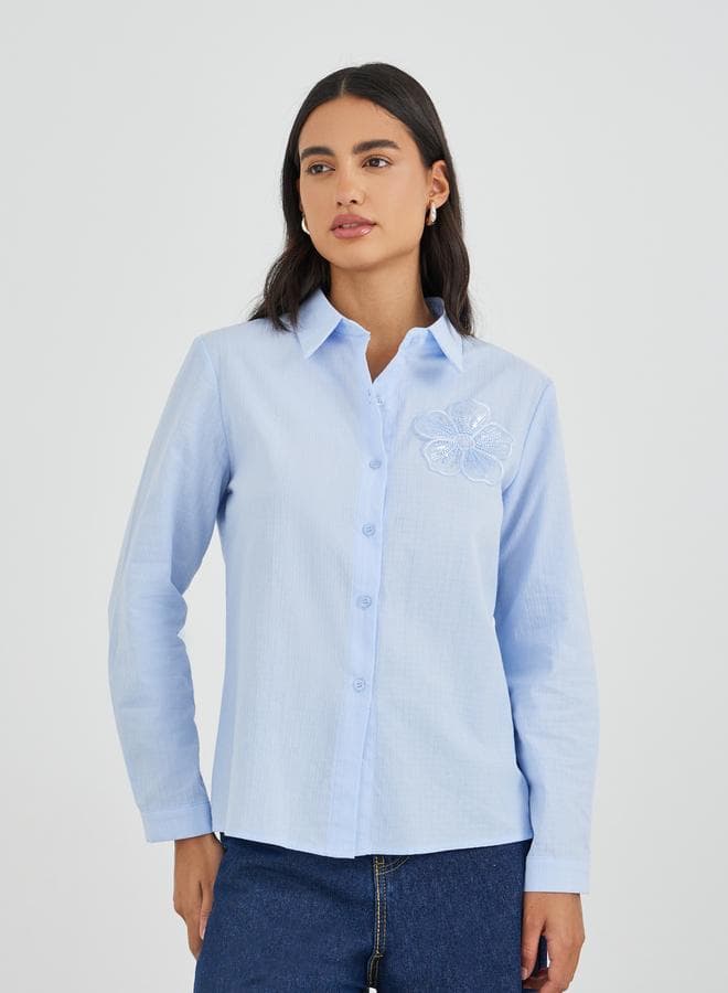 Embroidered Spread Collar Long Sleeve Shirt - Image 1