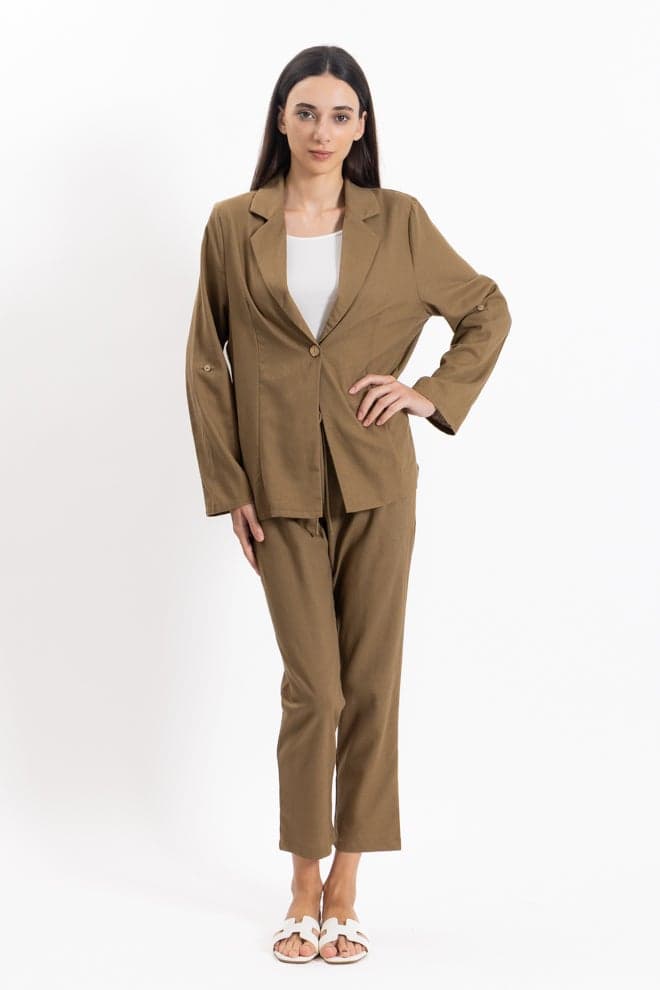 Linen Blend Blazer Set with Matching Pants - Image 1