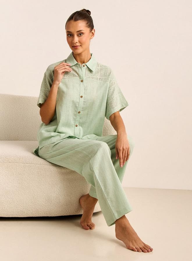 Crochet Detail Shirt and Pyjama Set - Image 1