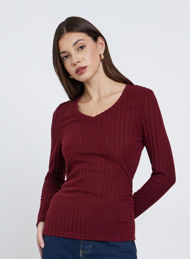 Styli Burgundy Ribbed Knit Long Sleeve Top - Image 1