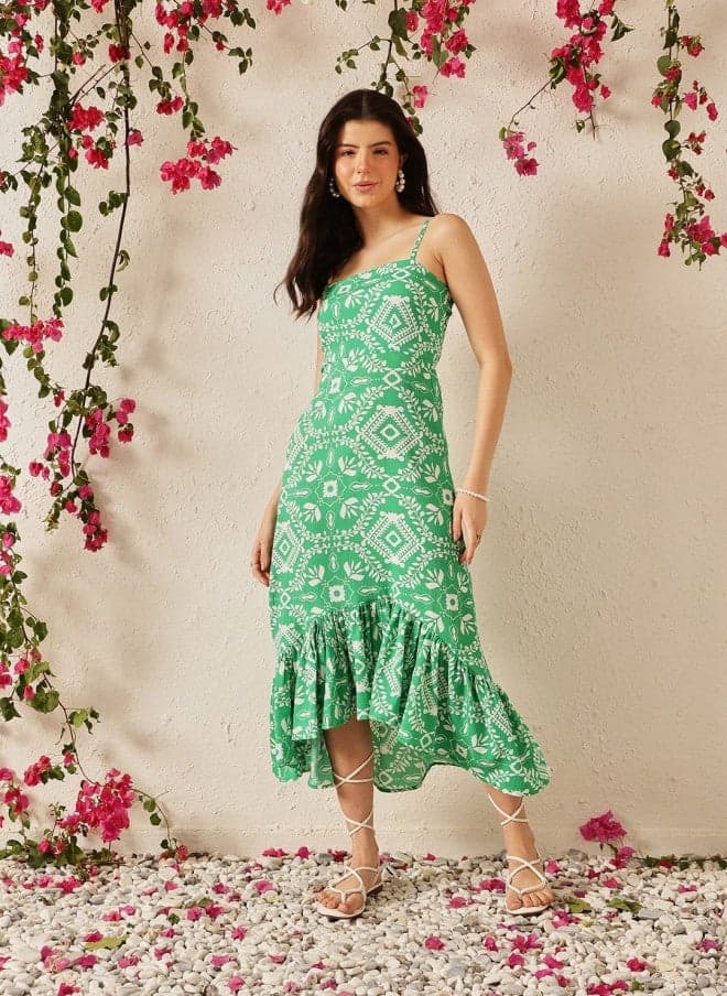 Green Floral Print A-Line Maxi Dress for Women - Image 1